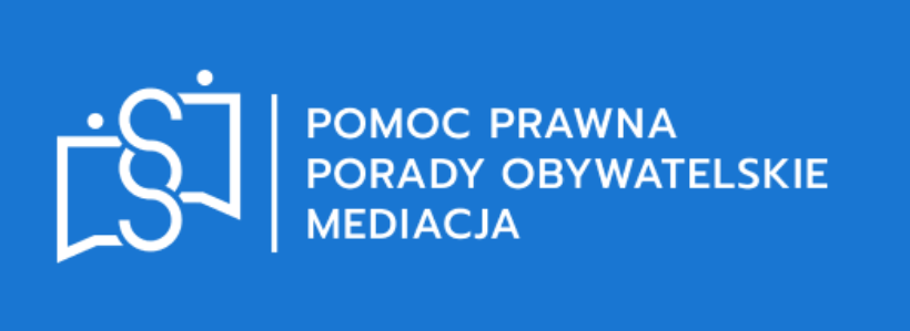 Logo na niebieskim tle przedstawiające stylizowaną ikonę obok tekstu. Ikona składa się z otwartej książki z dwoma kropkami nad nią, symbolizującymi ludzi, oraz znaku paragrafu wplecionego w kształt otwartej książki. Obok ikony znajdują się trzy linie białego tekstu: "POMOC PRAWNA", "PORADY OBYWATELSKIE" i "MEDIAGJA".