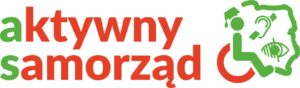 Logo „aktywny samorząd” z zielonym „a” i „samorząd” oraz czerwonym „ktywny”. Obok zielony symbol osoby na wózku z czapką absolwenta, obok ucho, telefon i oko, całość na tle zarysu Polski.